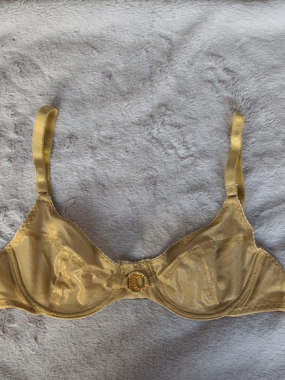 Roberto Cavalli Gold Satin Underwire Bra with Embellished Logo